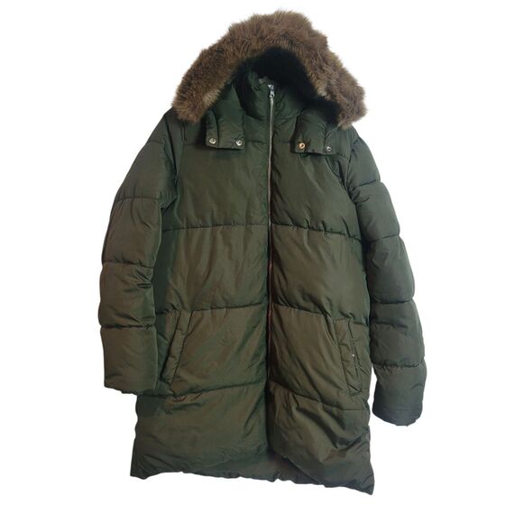 Old Navy Long Puffer Jacket Women's Size Large Green Faux Fur Trim Outdoor READ - Picture 1 of 13